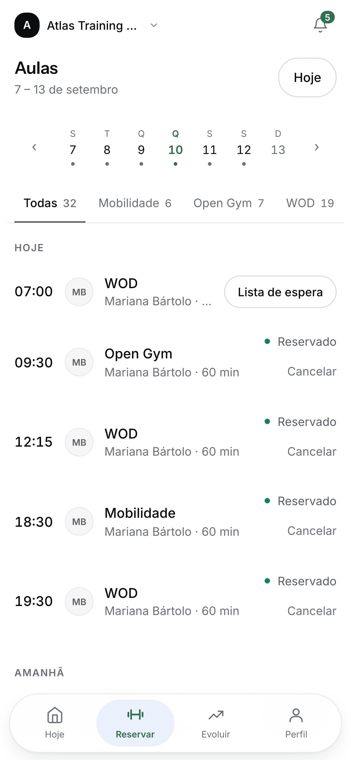 The class booking screen in the athlete app