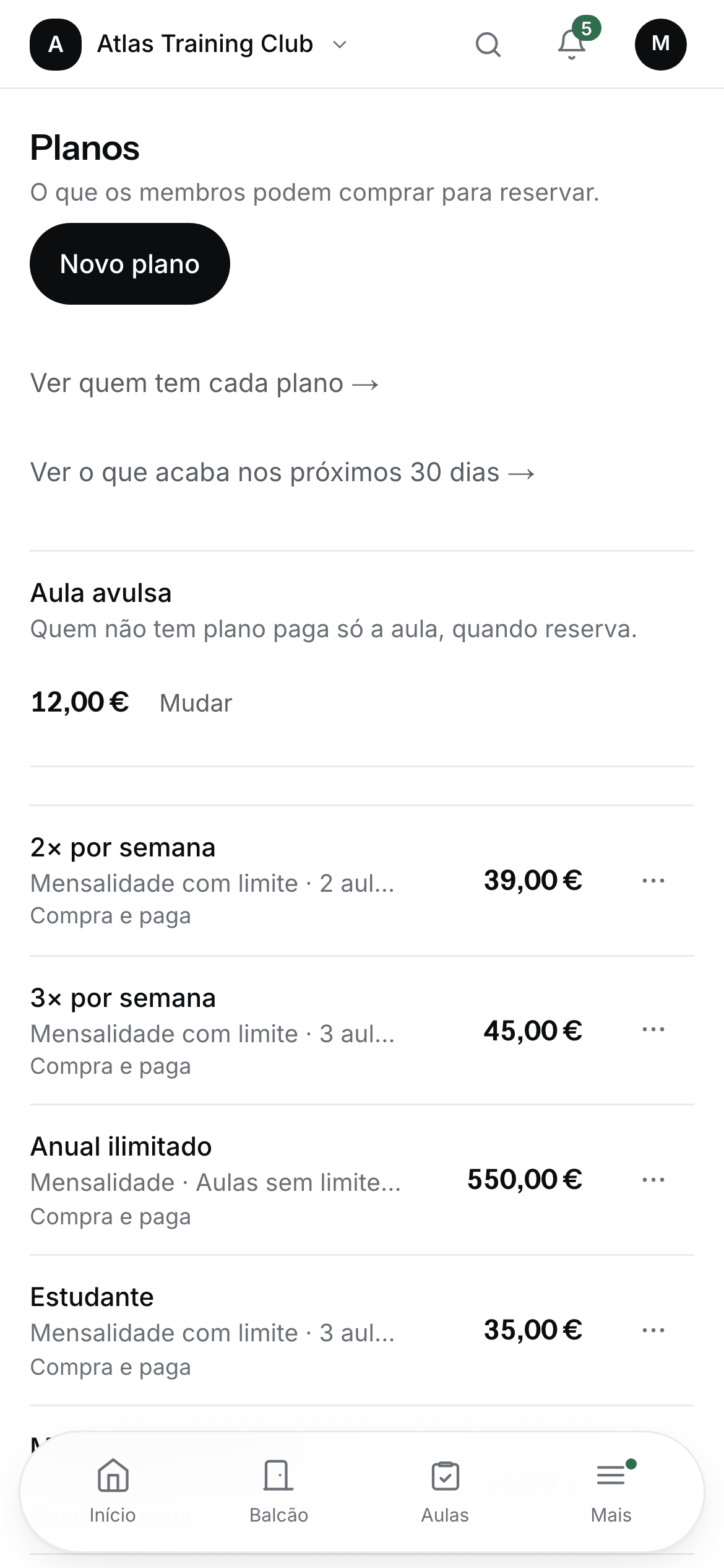 Os planos de um espaço, com o preço de cada um