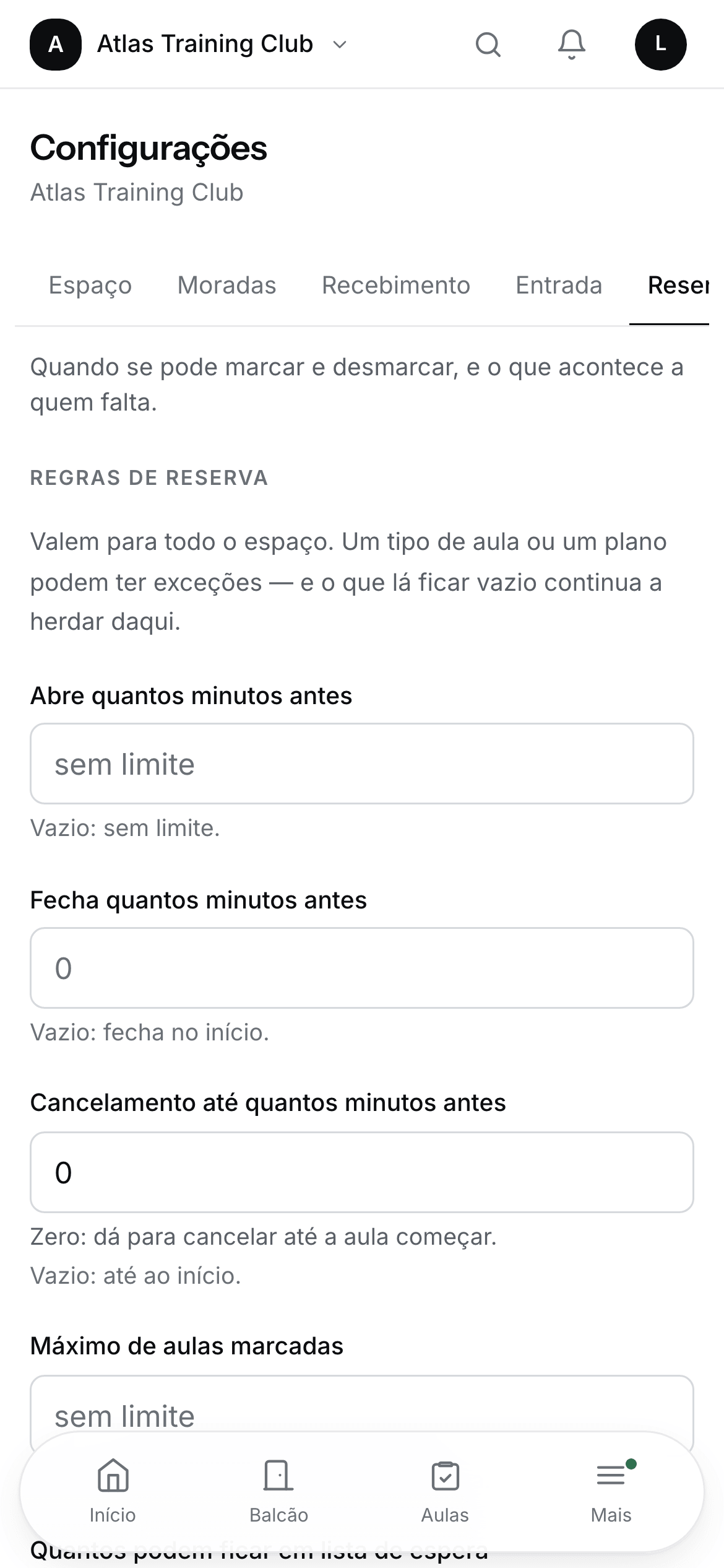 As regras de reserva de um espaço, em Configurações