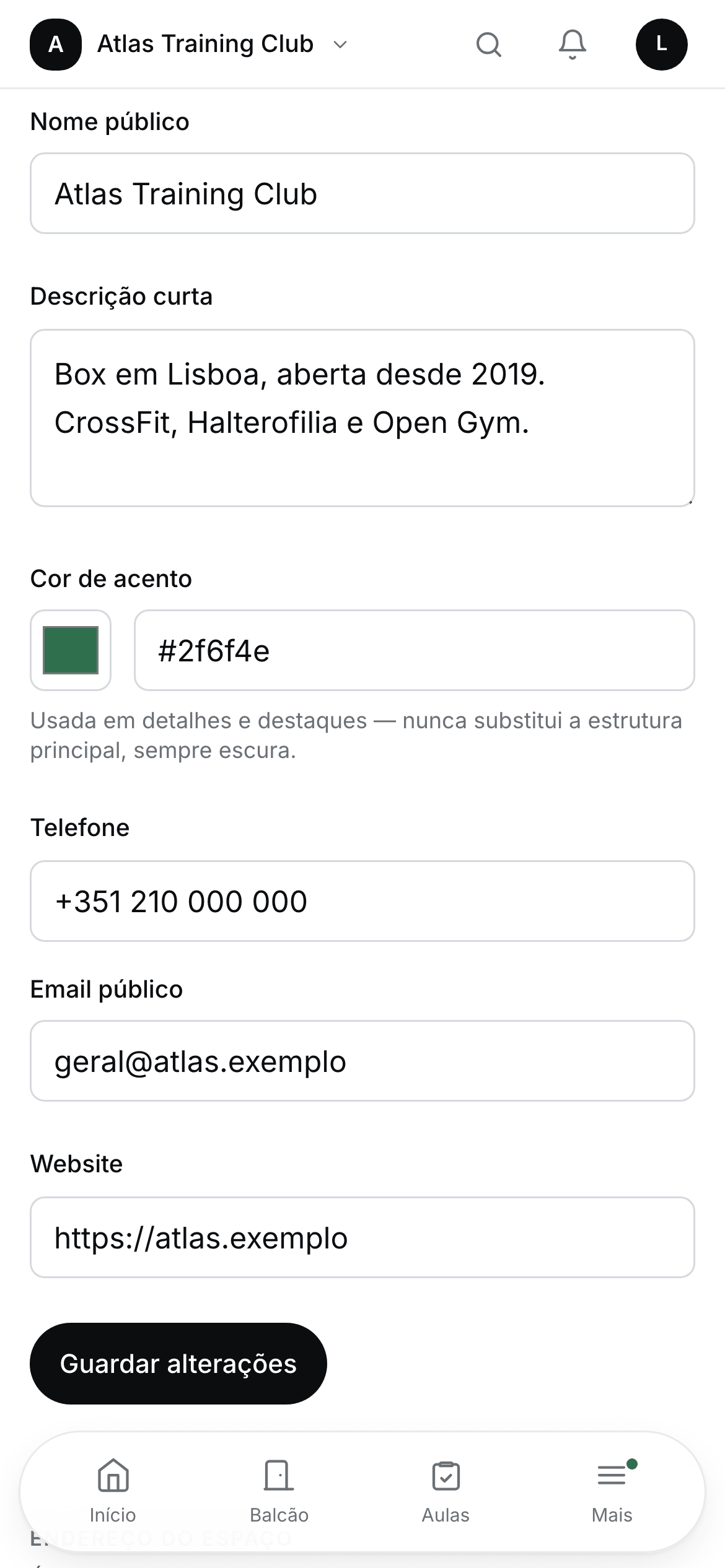 Configurações do espaço, com o nome público, a descrição e a cor de acento